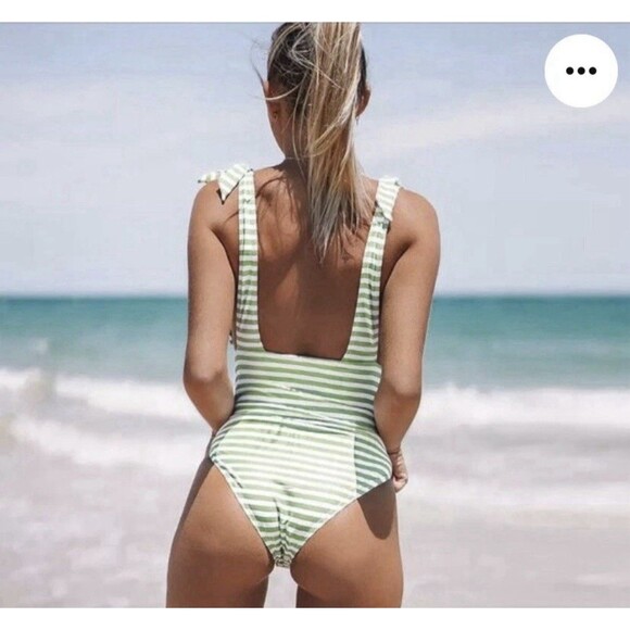 Seaselfie Green White Striped Deep V Neck One Piece Swim Bathing Suit L/XL New - Picture 2 of 5